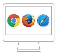 desktop monitor with Chrome, Firefox, and Safari icons